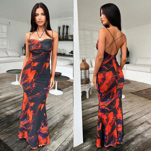 Damen Maxikleid mit elegantem Wasserfarbmuster und schmalen Spaghetti-Trägern EB