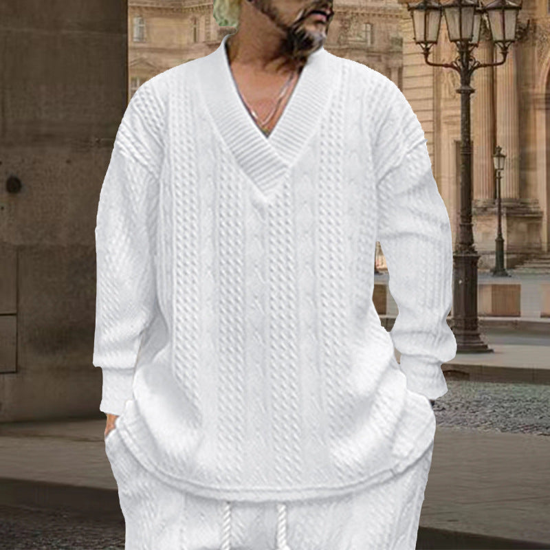 Herren nan grob gestrickter V-Ausschnitt-Pullover mit Zopfmuster und relaxed Fit EB