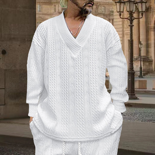 Herren nan grob gestrickter V-Ausschnitt-Pullover mit Zopfmuster und relaxed Fit EB