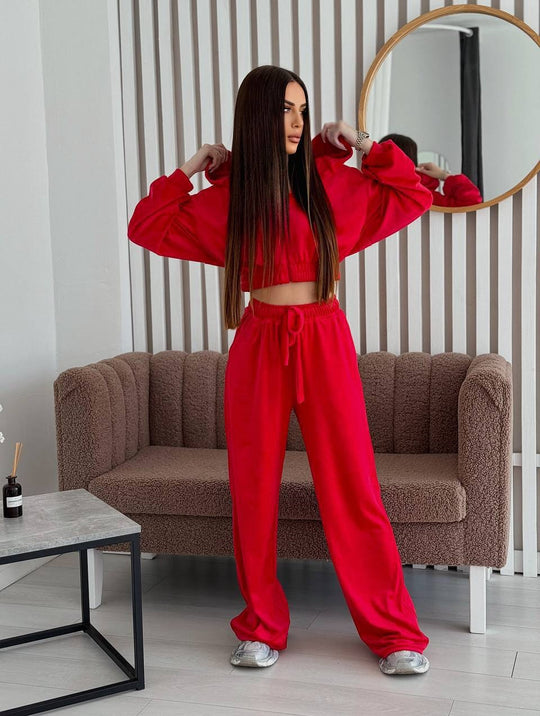 Damen Zweiteiliges Samt-Loungewear-Set mit Cropped-Zipjacke und weiter High-Waist-Sweathose EB