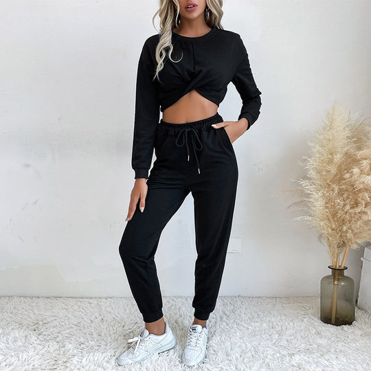 Damen Lässiger zweiteiliger Jogginganzug mit cropped Oberteil und flexibler Taille EB
