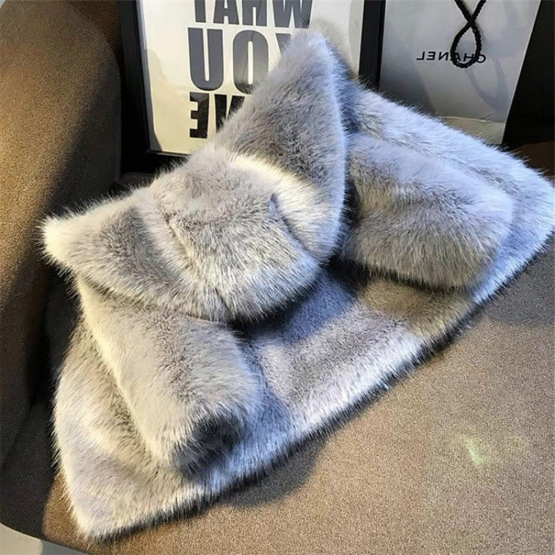 Damen Elegante Kunstfelljacke mit voluminösem Kragen und Schalkragen EB