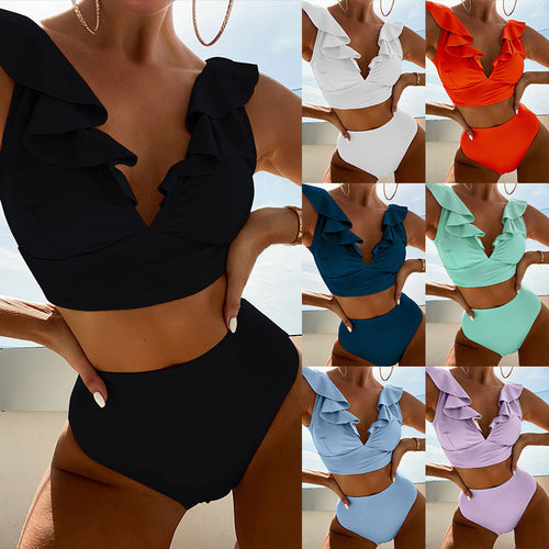 Damen Bikiniset mit voluminösen Rüschendetails und hoch geschnittenem Slip EB