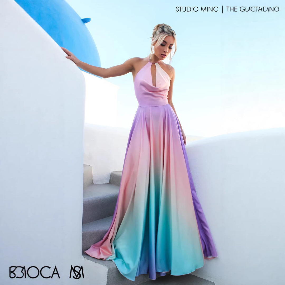 Damen Elegantes Maxikleid mit schickem Halterneck und geschmeidiger Satinoptik EB