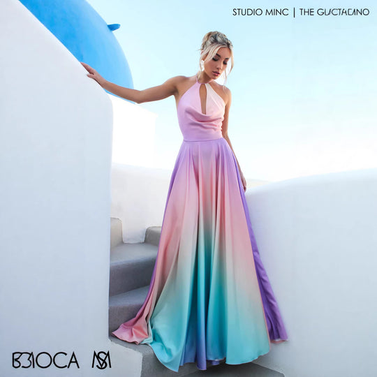 Damen Elegantes Maxikleid mit schickem Halterneck und geschmeidiger Satinoptik EB