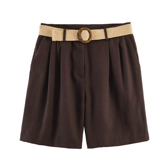 Damen elegante Shorts mit breitem, geflochtenem Gürtel EB