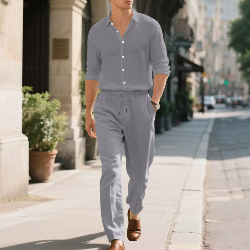 Herren entspannte Leinenhose mit verstellbarem Kordelzug und elastischem Bund EB