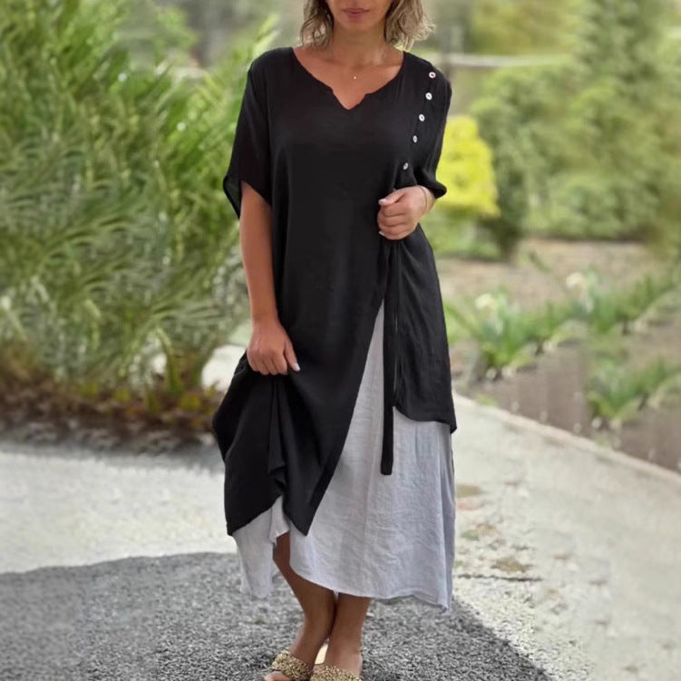 Damen nan zweilagiges Hemdkleid mit asymmetrischem Lagenrock, seitlicher Zierknopfleiste und Tunnelzug EB