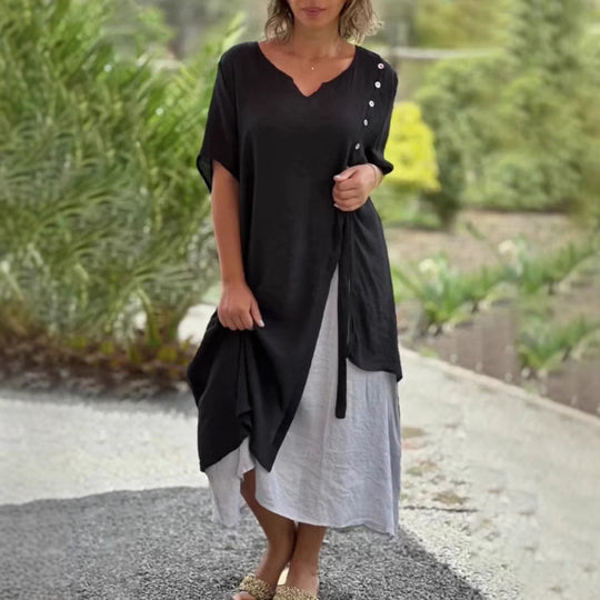 Damen nan zweilagiges Hemdkleid mit asymmetrischem Lagenrock, seitlicher Zierknopfleiste und Tunnelzug EB