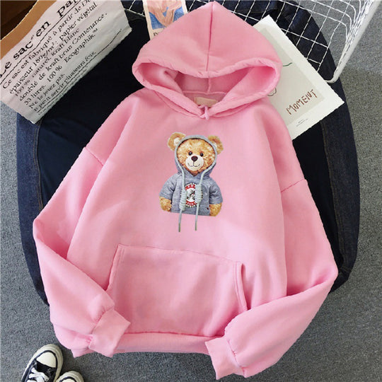 Unisex nan lässiger Oversize Kapuzenpullover mit Teddy-Frontprint, Kängurutasche und weichem Fleece-Innenfutter EB