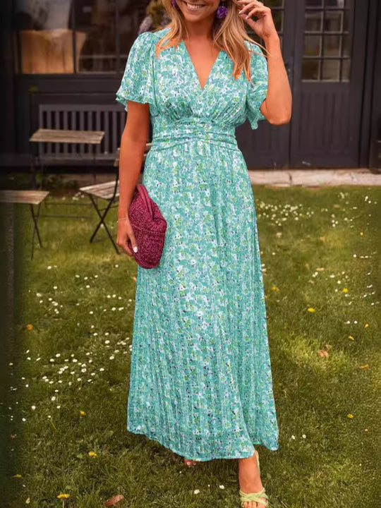 Damen Maxikleid mit floraler Raffung und V-Ausschnitt EB