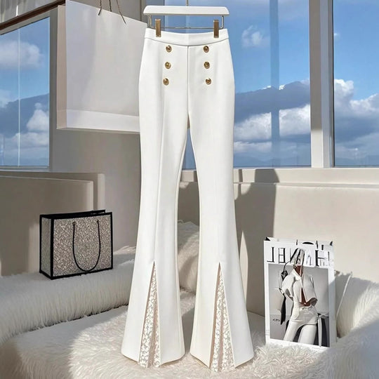 Damen Modische Flared-Hosen mit eleganten Knopfdetails und seitlichem Schlitz EB