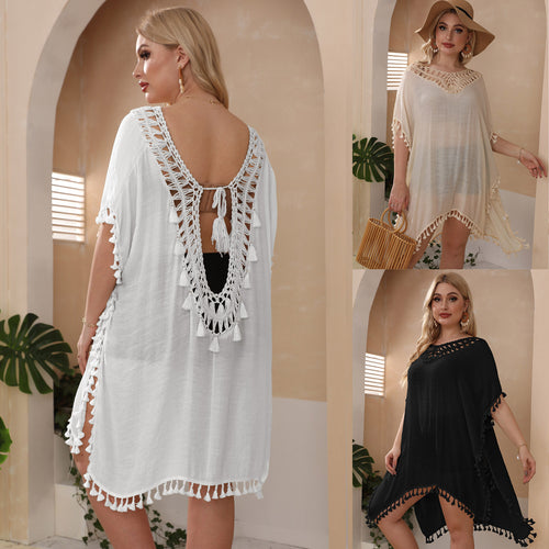 Damen luftiger Strand-Kaftan mit dekorativen Quasten EB