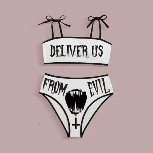 Damen Crop-Top Bikini mit auffälliger Schrift EB