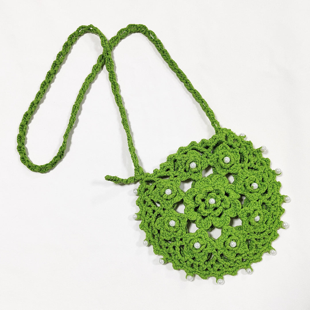 Damen handgefertigte Häkel-Handtasche mit Perlenschmuck EB