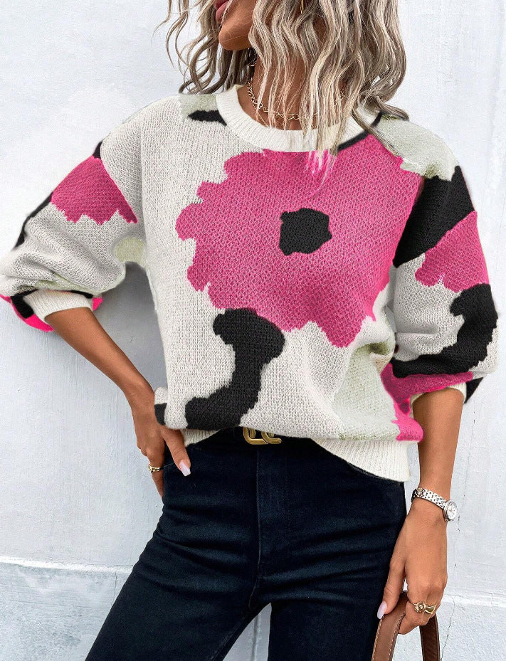 Damen modischer Pullover mit floralem Muster und weiten Ärmeln EB