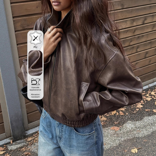 Damen Oversize Kunstlederjacke im modernen Look mit praktischem Reißverschluss und elastischem Bund EB
