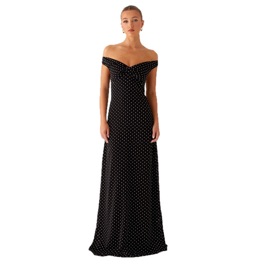 Damen Abendkleid mit Off-Shoulder-Design und elegantem Punktmuster EB