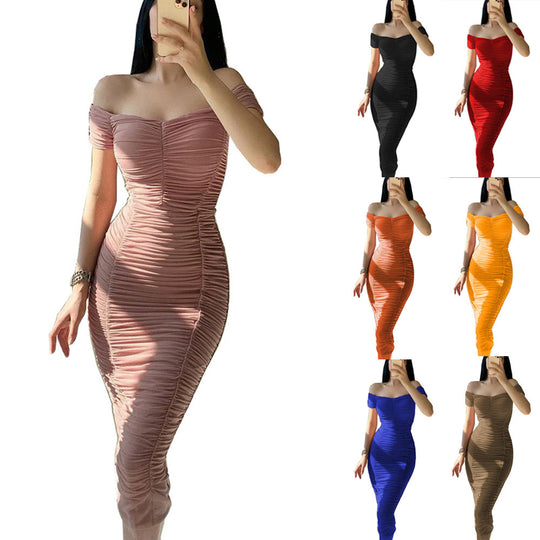 Damen figurbetontes Minikleid mit schulterfreiem Schnitt und Raffung EB