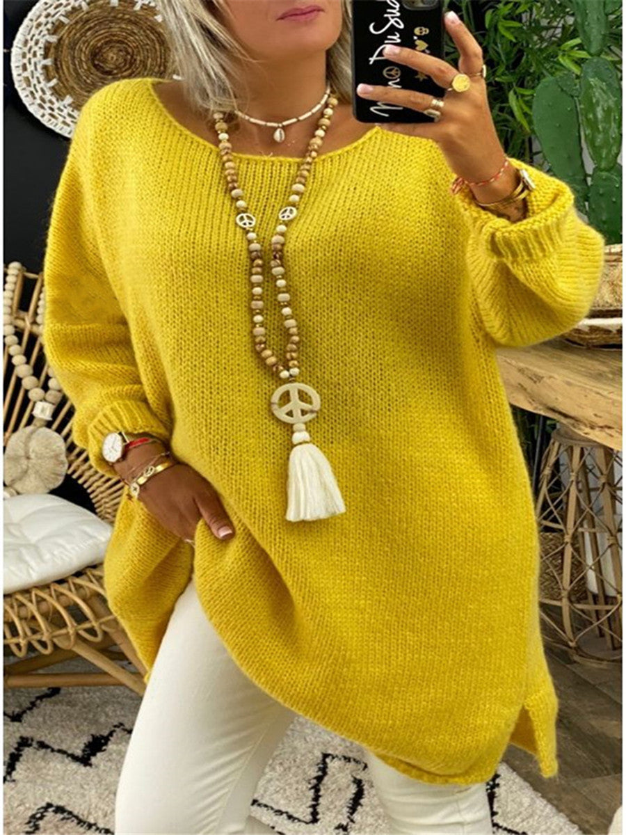 Damen lässiger Langarmstrickpullover im Oversized-Stil mit seitlichen Schlitzen EB