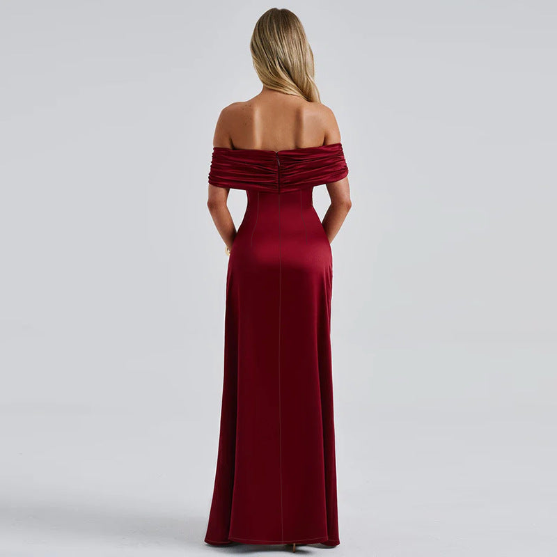 Damen schulterfreies Maxikleid mit eleganter Raffung und figurbetontem Schnitt EB