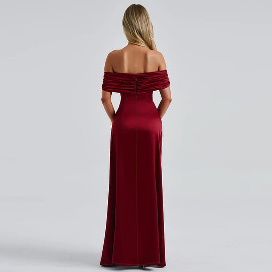 Damen schulterfreies Maxikleid mit eleganter Raffung und figurbetontem Schnitt EB