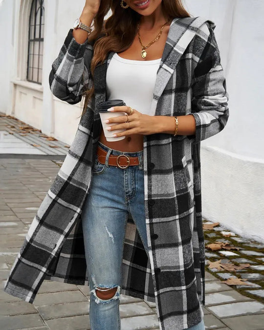 Damen Karomuster Longjacke mit Kapuze EB