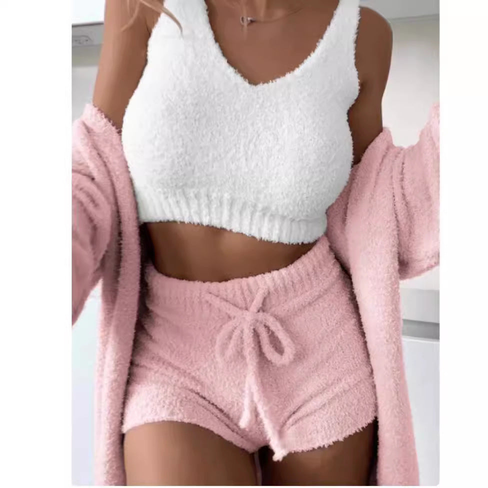Damen kuscheliges Lounge-Set mit Cropped Top und Shorts EB
