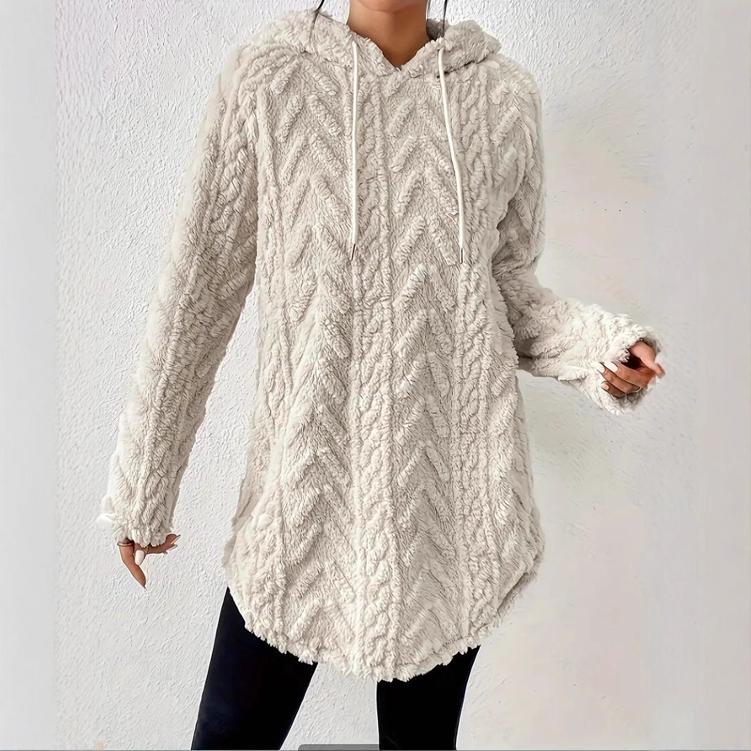 Damen Kapuzenpullover mit weichem Plüsch und modischem Zopfmuster EB