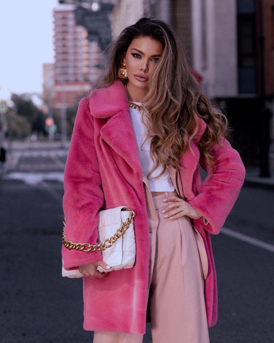 Damen Eleganter Kunstpelzmantel mit breitem Revers und weitem Schnitt EB