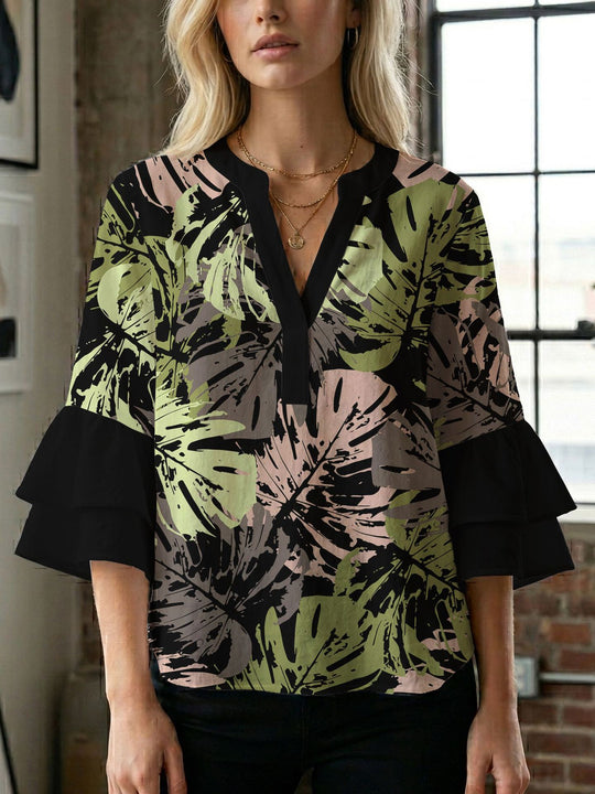 Damen Blusenshirt mit voluminösen Ärmeln und kreativem Druckdesign EB