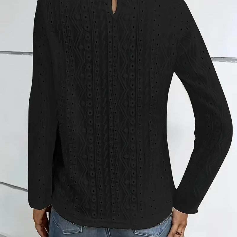 Damen elegante Bluse mit Spitzeneinsätzen und detailliertem Lochmuster EB