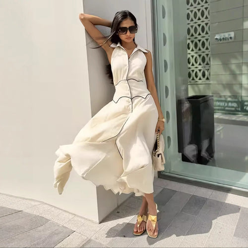 Damen Maxikleid mit elegantem Kragen und feinem Knopfdesign EB