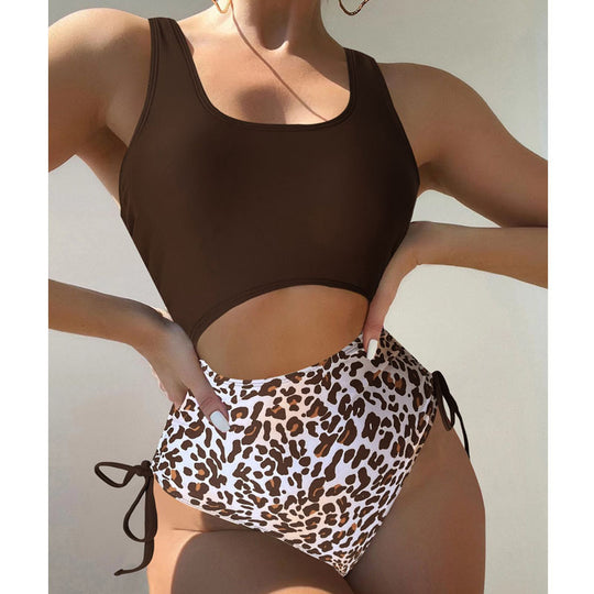 Damen Schwimmanzug mit hohem Schnitt und lebhaftem Leopardenmuster EB