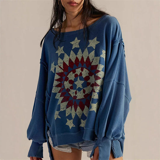Damen oversized Sweatshirt mit Rüben-Print, ausgefransten Nahtakzenten und Daumenlochärmeln Eichborn Berlin