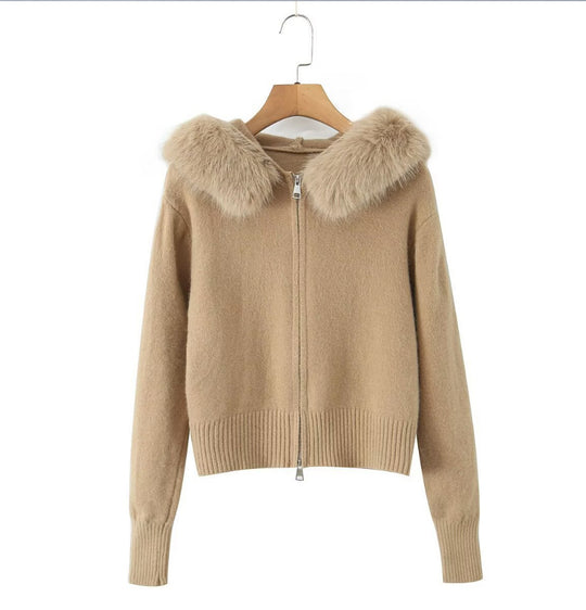 Damen Strickjacke mit luxuriösem Kunstfellkragen und Reißverschluss EB
