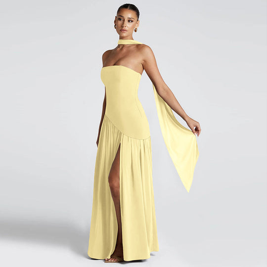 Damen Elegantes Maxikleid mit schulterfreier Silhouette und raffiniertem Schlitz EB