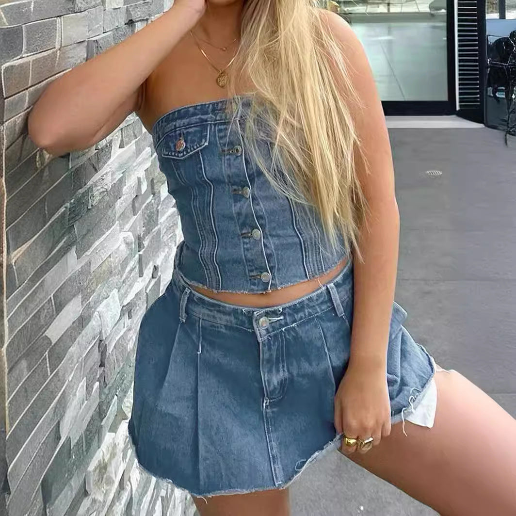 Damen Denim-Crop-Top mit gestricktem Überwurf EB