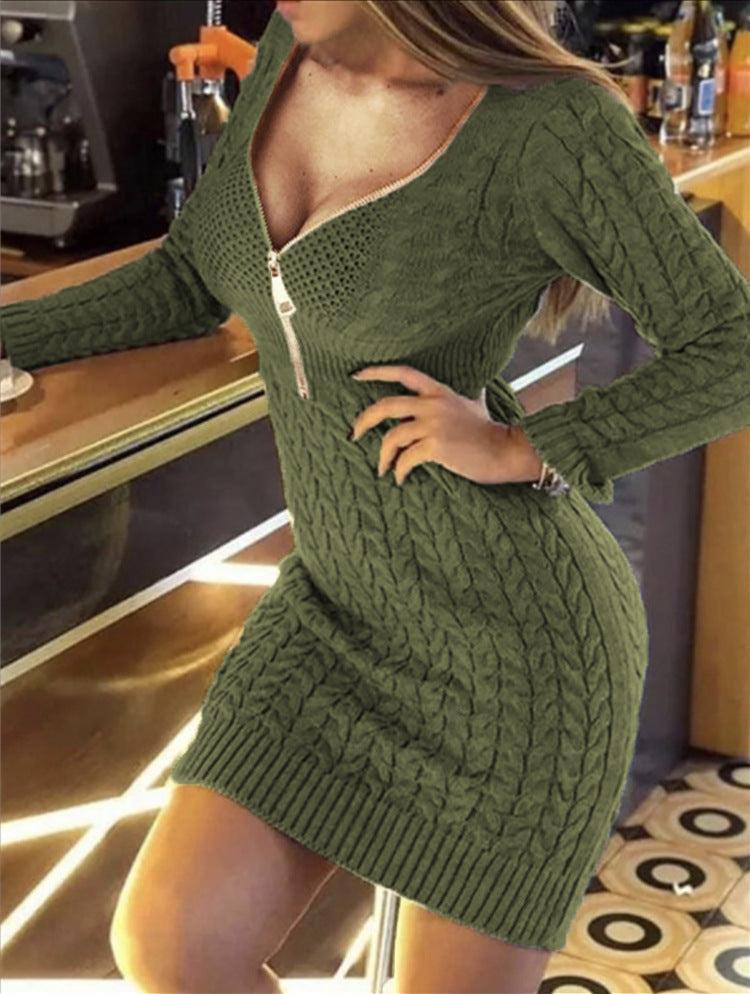 Damen Strickkleid mit hohem Kragen und modernem Reißverschluss EB