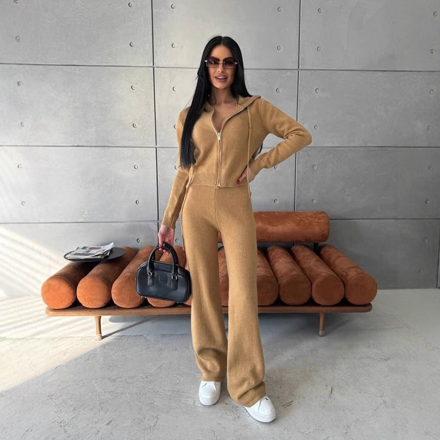 Damen Feinstrick-Loungewear-Set mit taillierter Kapuzenzipjacke und weiter Palazzo-Hose EB
