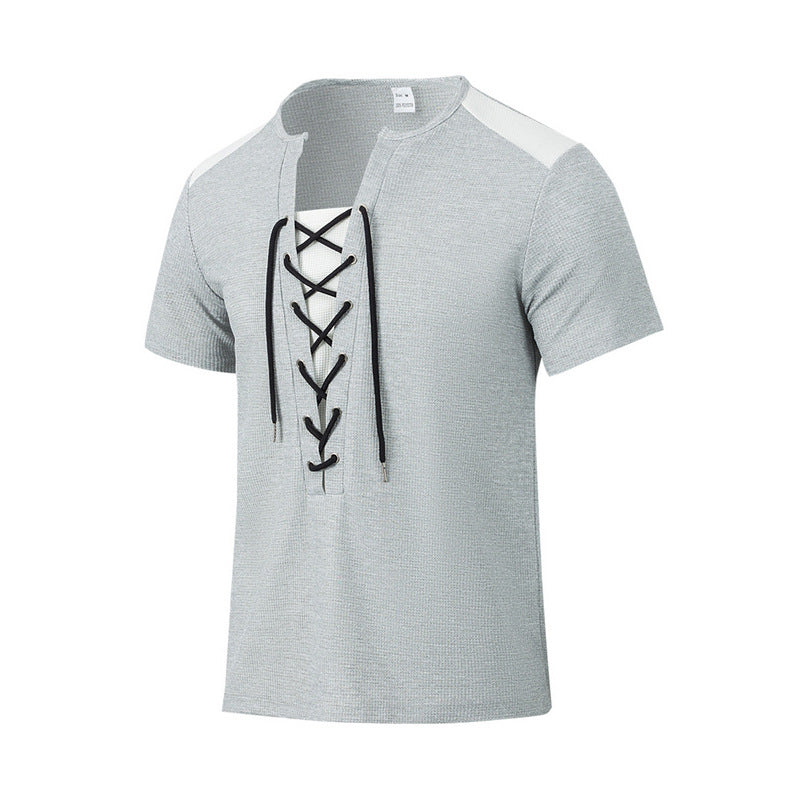 Herren Kurzarm-Henley-T-Shirt mit dekorativen Schnürdetails und atmungsaktiver Struktur EB