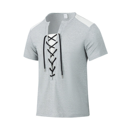 Herren Kurzarm-Henley-T-Shirt mit dekorativen Schnürdetails und atmungsaktiver Struktur EB