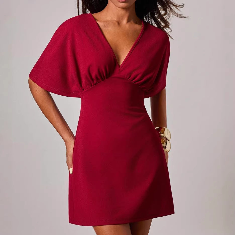 Damen figurbetontes Cocktailkleid mit tiefem V-Ausschnitt und Hüftakzent EB