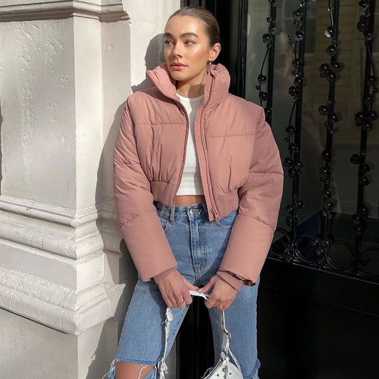 Damen cropped Daunenjacke mit hohem Kragen und elastischem Bund EB