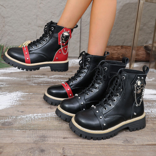Damen modische Schnürstiefel mit dekorativen Nieten und Kettenanhänger EB