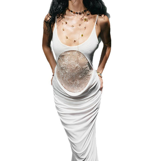 Damen Elegantes langes Kleid mit transparentem Spitzenbesatz und raffinierten Drapierungen EB