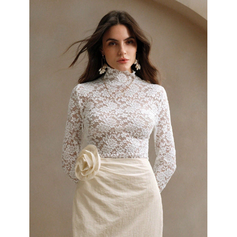 Damen Spitzenoberteil mit hohem Kragen und filigranem Blumendesign EB