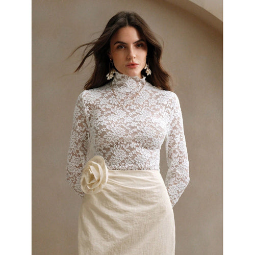 Damen Spitzenoberteil mit hohem Kragen und filigranem Blumendesign EB