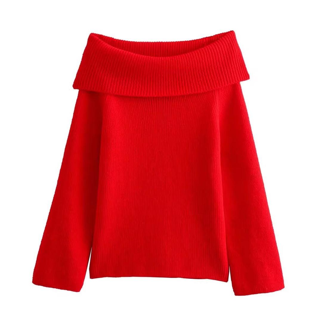 Damen eleganter, hochgeschlossener Strickpullover mit weitem Kragen EB