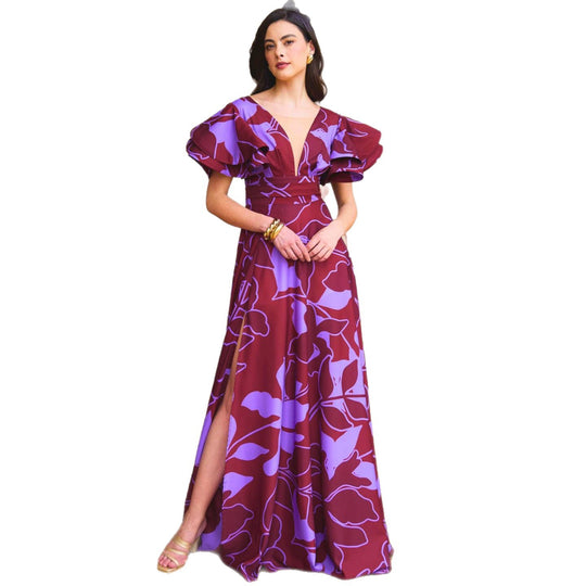 Damen Maxi-Kleid mit voluminösen Puffärmeln und elegantem Schlitz EB